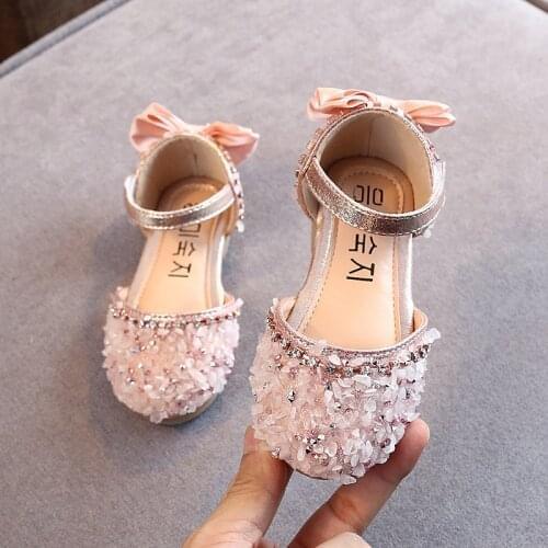 2021 Crystal Bow Single Shoes Summer Girls Fashion Princess Soft Shoes Children Pu Leather Flat Baby Rhinestone Sandals A986