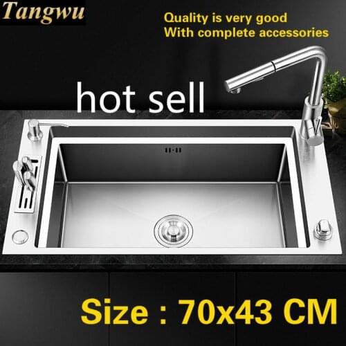 Free shipping Luxury kitchen manual sink single trough push-button drainer 304 food grade stainless steel hot sell 700x430 MM
