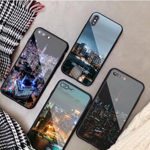 City Aerial View Night Tempered Glass Phone Case For iphone 12 11 Pro Max 5 6 7 8 PLUS X XS XR XSMax Shell