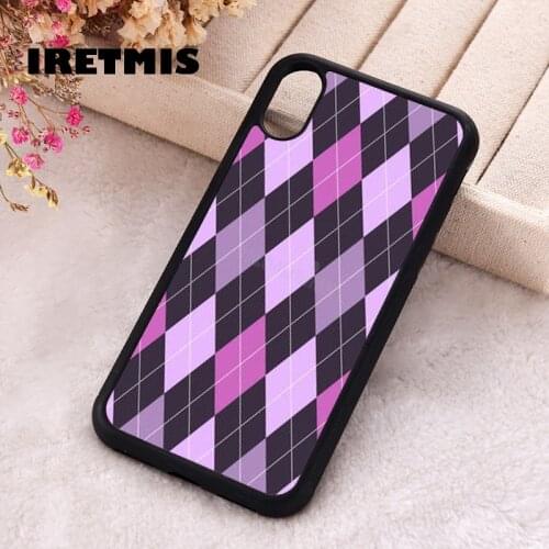 Iretmis 5 5S SE 2020 Phone Cover Case for iPhone 6 6S 7 8 Plus X Xs XR 11 12 Mini Pro Max Rubber Silicone Purple Argyle