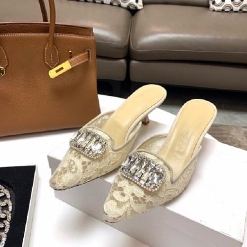 Summer Women Slippers Black Shoes Thin Heels Crystal Slides Party Female Pointed Toe Chaussure Outside Lace Shoes Fashion