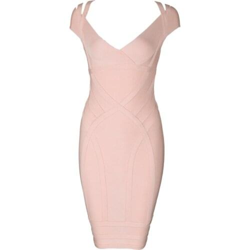 Fashion Women Style V Neck Pink Solid Mini Rayon Bandage Dress Party Dress