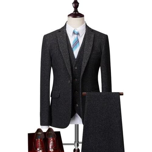 Mens Suit 3 Pieces Slim Fit Casual Notched Lapel Woolen Brown Tweed Groomsmen Tuxedos Wedding Suits Men (Jacket+Pant+Vest)