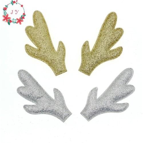 Set of 50pcs Gold Silver Glitter Reindeer Antlers Fawn fabric W/ Sponge Padded Buckhorn applique for Christmas decor,Craft DIY