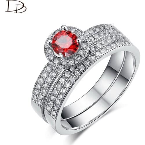 DODO Silver Color Rings For Women Punk 2 Pcs Ring Sets Charming Red Austrian Crystal Anel Fashion AAA Zirconia Jewellery Dd091