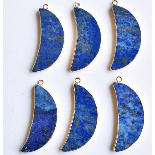 Wholesale 6pcs/lot fashion good quality natural Lapis Lazuli moon shape gold side pendants for jewelry making free shipping