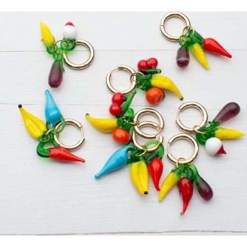Boho vegetables fruit chili cherry persimmon banana eggplant corn Accessories Jewelry stainless steel hoop murano glass earring