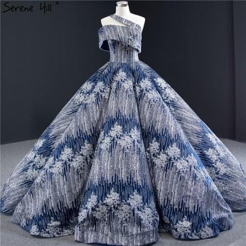 Serene Hill Dubai One Shoulder Blue Glitter Wedding Dress 2019 Luxury Lace Up Sleeveless Bridal Gown Custom Made CHM67011