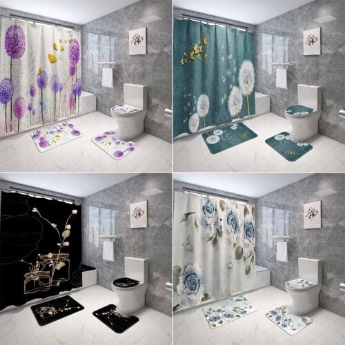 Dandelion Butterfly Bathroom Curtain Set Black Waterproof Fabric Shower Curtains Non-Slip Rugs Toilet Lid Cover and Bath Mat