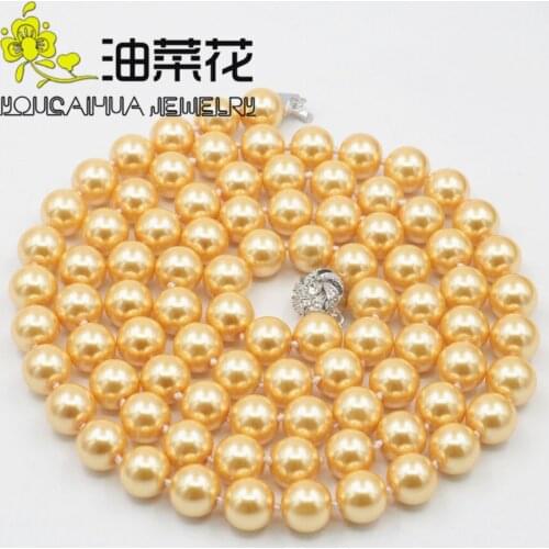 DIY Lovely 10mm Gold-Color South Sea Shell Pearl Necklace Pearl Beads Fashion Jewelry Rope Chain Necklace Natural Stone 36INCH