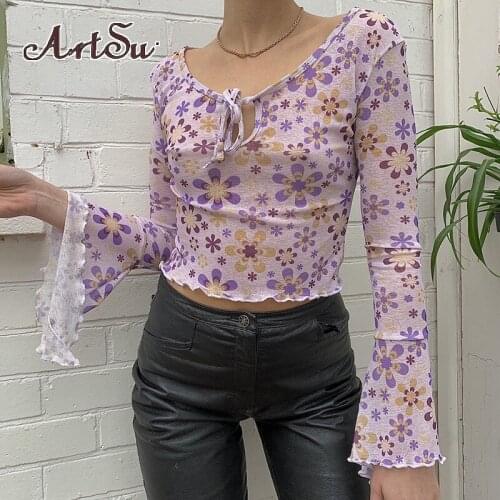 Artsu Flower Floral Print Flare Sleeve Cropped Tshirt Autumn Transparent Mesh Sexy Tee Shirt Women Vintage Casual
