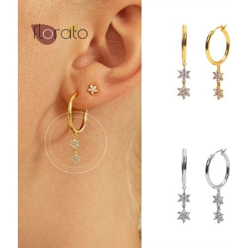 Star Crystal Pendant 925 Silver Exquisite CZ Hoop Earrings Minimalism Fashion Jewelry For Women Korean Style Birthday Gift