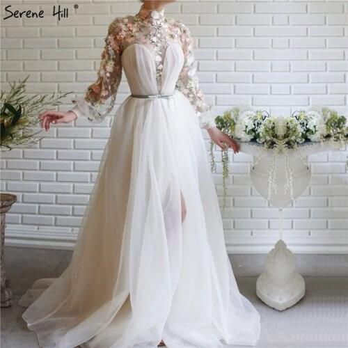 Flowers Pearls Sexy Evening Dresses Gowns For Woman Latern Sleeve High Collar Formal Dress 2020 Serene Hill LA70446