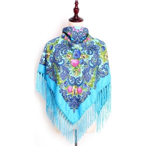 90*90cm Women Russian Style Square Scarf Retro Floral Print Fringed Blanket Scarves Shawls Babushka Handkerchief Hijab Head Wrap