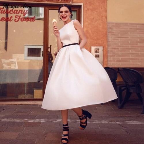 Magic Awn Satin Short Wedding Dresses Boho Sleeveless Hollow Back Simple Tea-Length Wedding Party Gowns Pockets Vestidos Novia