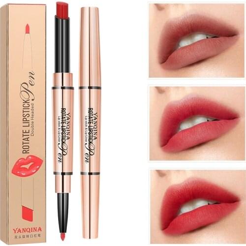 2 IN 1 Lipstick Pen Waterproof Matte Lipstick Pencil + Lip Liner Contour Tint Sexy Red Matte Long Lasting Moisturizer Cosmetics