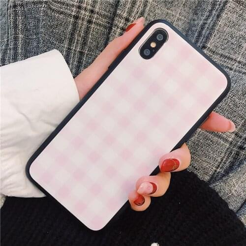 20PCS Cute Pink-White Grid Case For iphone 7 Case For iphone8 7 XS XR Phone Case Fashion Tempered Glass Hard Back Cover Capa