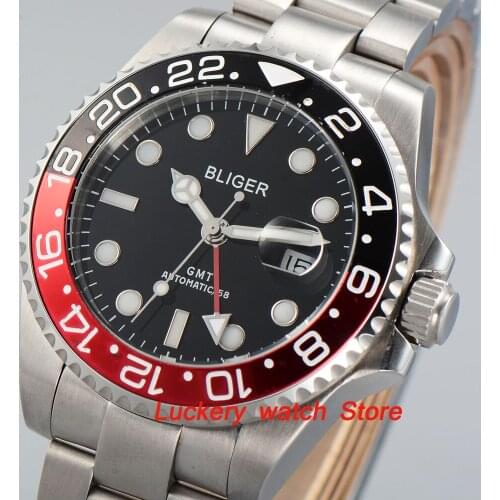 43mm Bliger black dial luminous saphire glass;red and black Bezel GMT Automatic movement mens watch-BA06-43