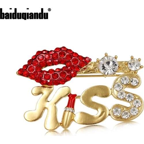 Baiduqiandu Rhinestone Lips Brooches for Women Letter Kiss Party Brooch Pin