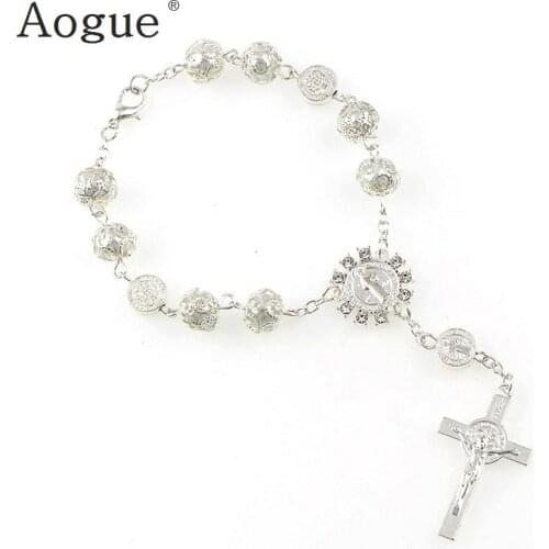 Catholic Religious Bead Cross Bracelets Rosary Centerpiece Sacred Heart of Mary Guadalupe Divine Mercy Jesus Saint Icons Jewelry