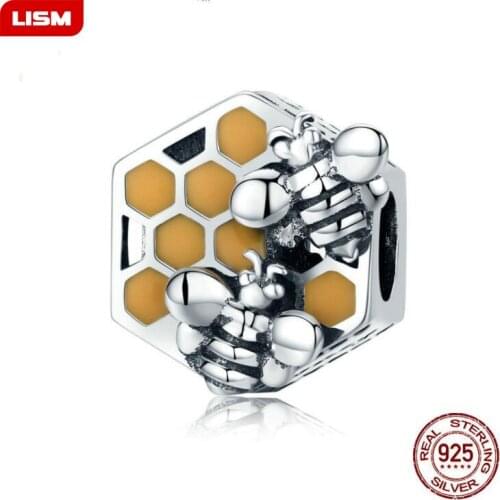 New Collection 925 Sterling Silver Honeycomb Honey Bee Square Charm Beads fit Women Bracelet DIY Jewelry Making