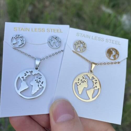 Vintage Bohemia Gold World Map Chain Necklace for Women Men Stainless Steel Jewelry Sets Simple Round Pendant Choker Collar 2021