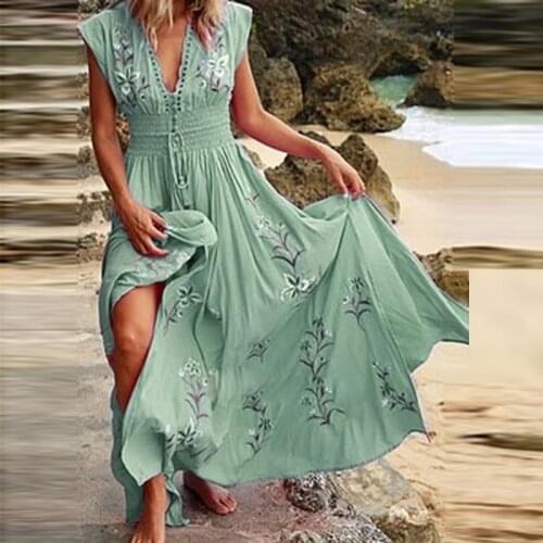 Floral Print V Neck Tassel Boho Maxi Dress Women Elegant Party Dress Summer Sleeveless Loose Casual Beach Long Dress Vestidos