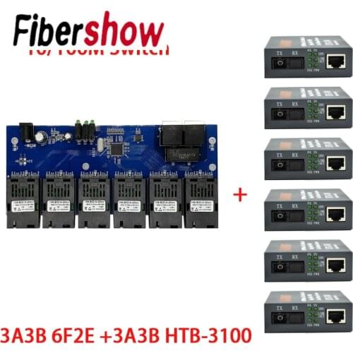 10/100M Fast Ethernet switch Converter 20KM Ethernet Fiber Optical Media Converter Single Mode 2*RJ45 and 6*SC fiber Port PCBA