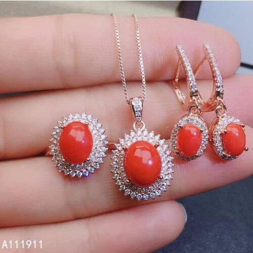 KJJEAXCMY fine jewelry 925 sterling silver inlaid Natural Red Coral Necklace Ring Earring Suit classic Support Detection noble