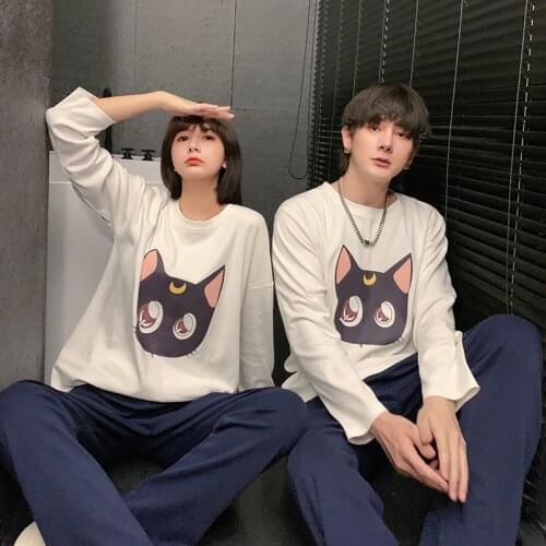 Fashion Hongkong Style Couples Pajama Sailor Moon Luna Cat Pijamas Casual Lounge Wear Long Sleeve Sleepwear Pjy Home Costume