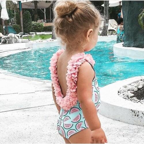 Fashion Toddler Baby Girls Kids Sleeveless Watermelon Print Backless Flower Cute One-Piece Swimsuits Beachwear Bathing