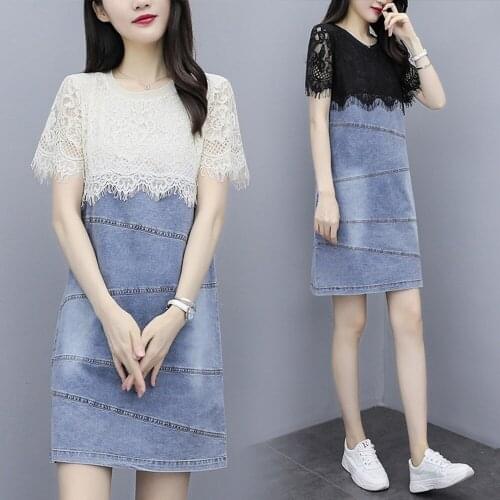 New Summer Style Women Dresses Casual Loose Collect Waist O-Neck Lace Patchwork Jeans For Females Short Sleeve Denim One-Piece