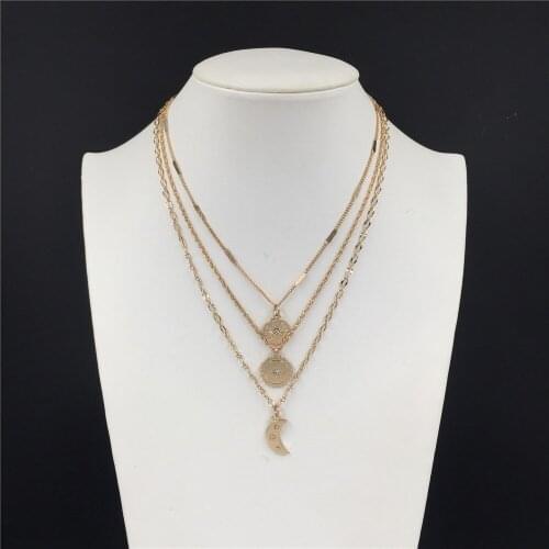 New Arrivals Gold Color Plating Moon Sun Round Pendant Layered Necklace For Women Girl Elegant Gorgeous Casual Jewelry Accessory
