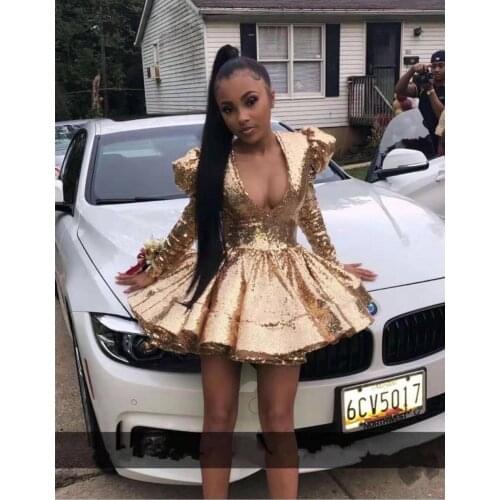Sexy V Neck Long Sleeve Gold Full Sequined Shoulder Pad Short Prom Dresses 2020 Party Cocktail Dresses Homecoming Dress