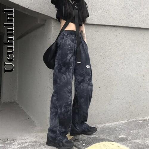 Ucuhulnl Gothic Ins Harajuku Style Wide-leg Pants Retro Tie-dye Casual Pants Womens Elastic Waist Hip-hop Straight Trousers