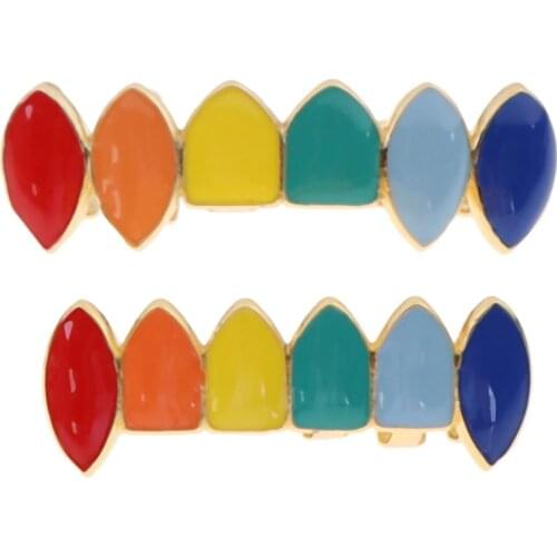 Hip Hop Gold Rainbow Teeth Grillz Top&Bottom Colorful Grills Dental Halloween Vampire Teeth