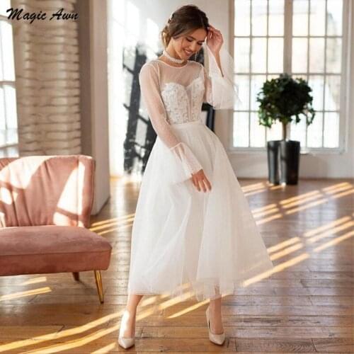 Magic Awn New Beach Wedding Dresses Long Sleeves Lace Appliques Illusion Boho Country Mariage Gowns Ankle Length Vestidos Novia