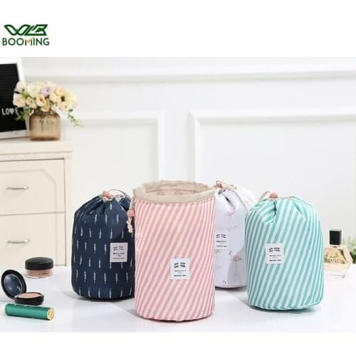 WBBOOMING Fashion Round Bin Cosmetic Bag Waterproof Mouldproof Woman Travel Makeup Organizer Drawstring Oxford Fabric Bag