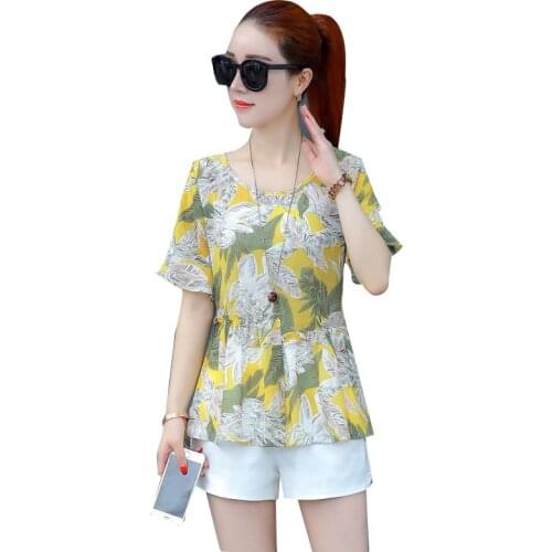New Elegant Splicing Chiffon Printed Shirt Womens Korean Casual Short Sleeve O-Neck Fashion Tops DD8243