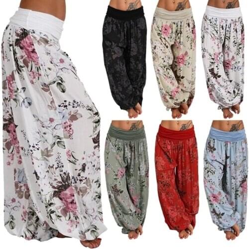 Women Bohemian Floral Print Long Pants 2021 Mid Waist Vintage Harem Pants Elastic Waist Boho Beach Trousers Plus Size 5XL