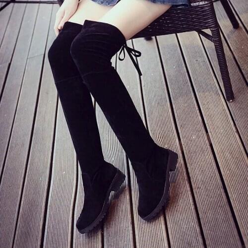 Womens stretch slim long boots suede leather lace up over the knee boots platform thigh high boots woman winter boots 2018