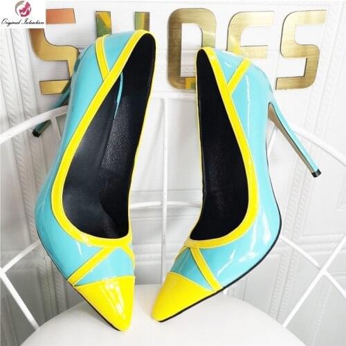 Big Size 47 Women Pumps Sexy Pointed Toe Shallow Mixed Colors Thin High Heels New Fashion Patent Leather Woman Shoes Blue Yellow