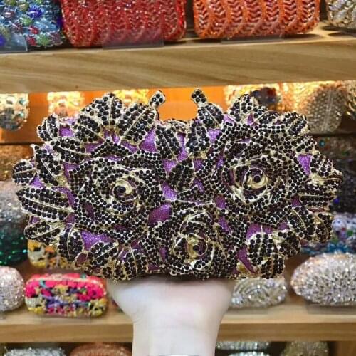 Women purple Rose Flower Hollow Out Crystal Evening Metal Clutches Small Minaudiere Handbag Purse Wedding Box Clutch Bag wallet