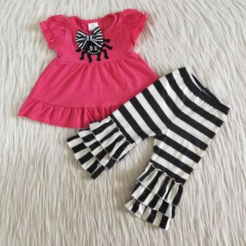 New Arrival super cute Halloween style 2pcs cotton tunic applique spider black stripe pants baby girl festival clothing
