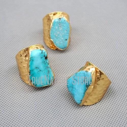 5Pcs RM807 Gold Plated Adjustable Copper Jewelry Green Ring Green Gold Plated Howlite Stone Free Form Ring