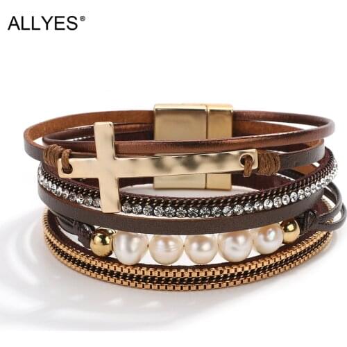 ALLYES Boho Multilayer Pearl Beads Cross Pendant Genuine Leather Bracelet for Women Rhinestone Chain Wrap Bracelet Party Jewelry