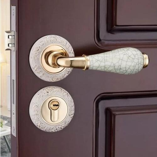 Free Shipping European simple Antique Caved Rose Crackle Ceramic wood door Lock Zinc Alloy indoor Bedroom mute Handles Lock 72MM