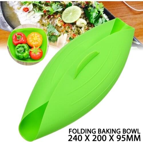 Green Folding Silicone Bowl Kitchen Fish Steam Bowl Microwave Oven Food Baking Cooking Bowl Heat Resistant