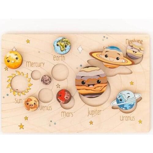 Children Montessori Wooden Toys Solar System 6 Languages and NEW PAINTED Colorful Option Paintable Wood Puzzle Jigsaw Science