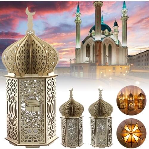 EID Mubarak Wooden Pendant with LED Candles Light Ramadan Decorations For Home Islamic Muslim Party Eid Decor Kareem Ramadan